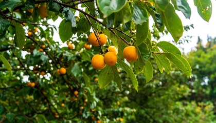 Ripe persimmon fruits hang from branches of a lush tree, showcasing a vibrant harvest.