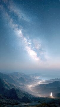 Fototapeta Glowing Tent Underneath a Vast Starry Night Sky