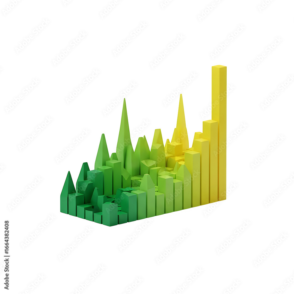 Poster 3d illustration of 3d render of a bar graph with green and yellow bars representing growth and succe