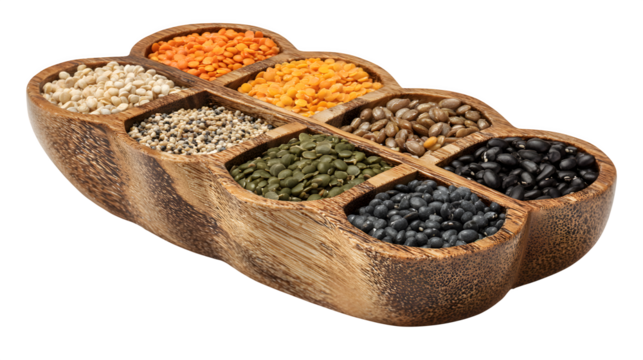 A resin serving board with sections filled with embedded dried grains and legumes like lentils, quinoa, and black beans, 