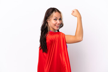 Teenager Russian girl isolated on white background in superhero costume and doing strong gesture