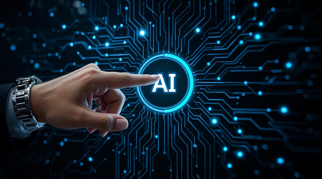 Futuristic ai technology concept hand touching glowing ai button on digital circuit board network background
