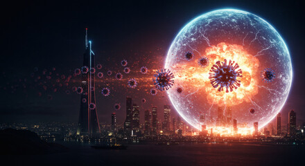 Fototapeta premium High-tech metropolis battling a devastating viral pandemic, protected by an innovative energy barrier that obliterates infectious particles in a futuristic war