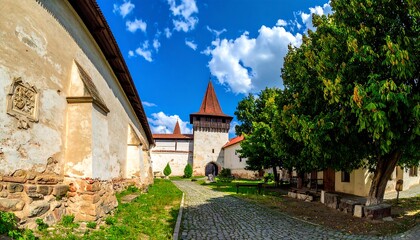 A courtyard within an ancient stone fortress, showcasing weathered walls, a tall tower, and lush greenery under a bright, sunny sky.