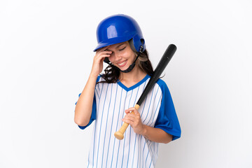 Baseball Russian girl player with helmet and bat isolated on white background laughing