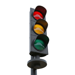 Classic traffic signal light with red yellow and green illuminations against a neutral setting transparent background