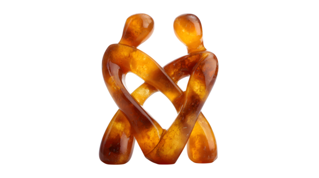 A resin tabletop sculpture of intertwined abstract human figures, rendered in a translucent, warm amber, symbolizing connection and harmony, 