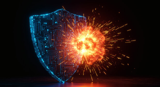 A glowing futuristic shield of digital circuits deflects a fiery cyber attack, symbolizing robust cybersecurity, data protection, and firewall defense in a 3D visualization