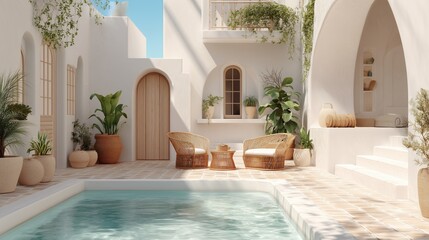 Business and Career Development in a minimalist Mediterranean home office with indoor pool and hybrid workspace