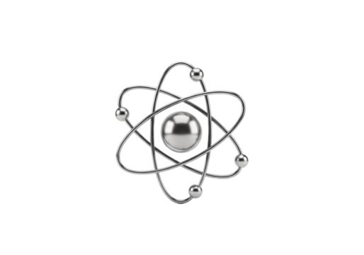 Dynamic silver atom model symbolizing scientific discovery and innovation in technology