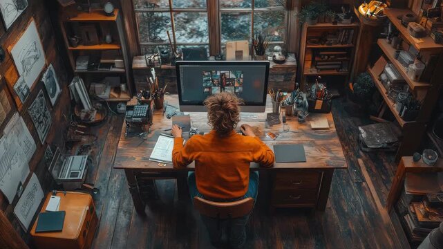 Woman working remotely in a cozy attic workspace, surrounded by artwork and creative tools,