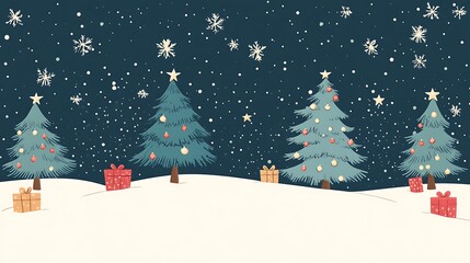 Obraz premium Christmas trees on snowy landscape at night