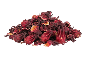 Pile of dry hibiscus tea isolated background
