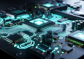 Close-up Circuit Board with Glowing Components