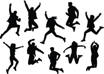 Group of people jumping silhouette vector, happy friends celebration, energetic movement, freedom expression, active lifestyle, youth dance, joyful illustration design