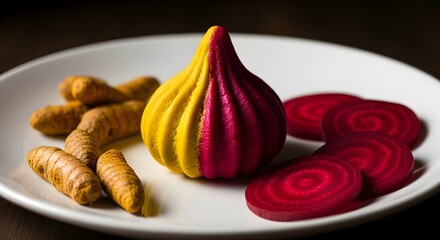 Turmeric roots and beetroot slices arranged on a white plate.