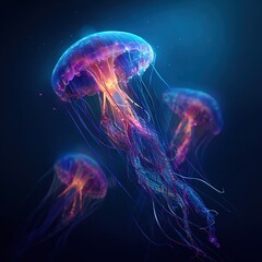 Neon glow jellyfish with bioluminescent tentacles floating in dark deep blue ocean. Magical ethereal surreal fantasy concept with vast dark space.