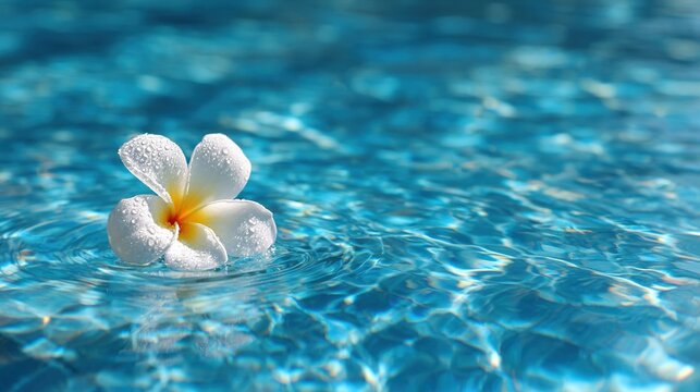 Single duranta plumeria flower on swimming pool surface with ripples. Serene luxurious blue water background, space for text.
