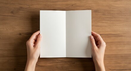 Obraz premium Open white paper held by two hands against a wood backdrop