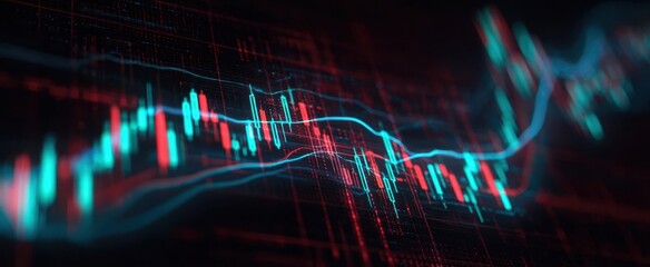 The stock market candlestick chart glowing in neon digital trading interface with motion blur