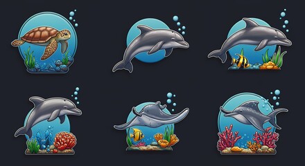 Obraz premium Cartoon sea animals underwater illustration