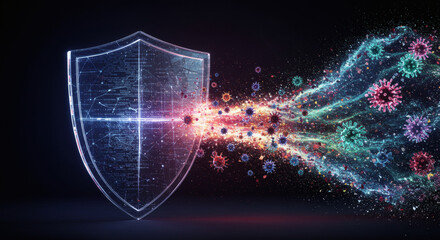 Conceptual illustration of a glowing digital shield providing powerful protection against an onslaught of virus and bacteria particles