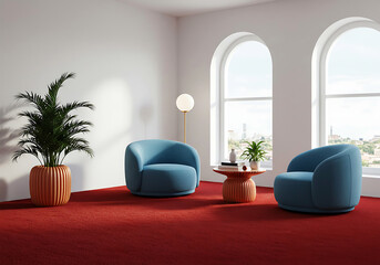 Modern living room with plush blue armchairs and vibrant red carpet
