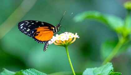 Obraz premium A striking orange and black butterfly delicately sips nectar from a cluster of small, pale yellow flowers, showcasing vivid colors against a soft, out-of-focus green background.