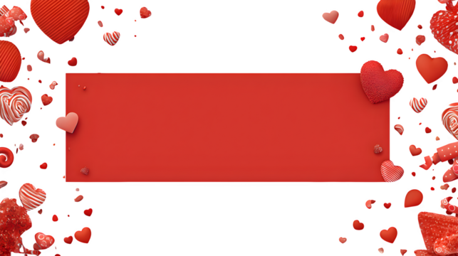 Festive red banner surrounded by scattered hearts and confetti, perfect for a romantic celebration.
