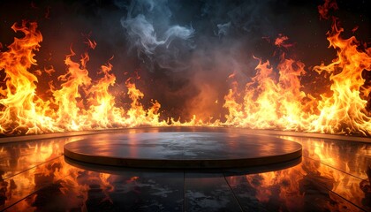 Fiery Stage: An empty circular stage is engulfed in flames, with a backdrop of smoky ambiance and a sense of anticipation.