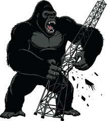 A ferocious gorilla, roaring with anger, demolishes a tall communication tower with its powerful hands.