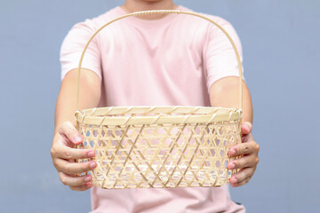 Showing handcrafted blank bamboo basket, blank woven bamboo basket.