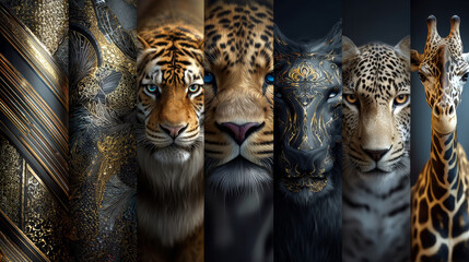 6 Wild Animal Prints. Seamless Patterns. Tiger, Leopard, Zebra, Giraffe, Hyena, Cheetah. Abstract Patterns on White Backdrop. Hand-Drawn Animal Skin Backgrounds. Vector Tiles with Wild Animal Fur.