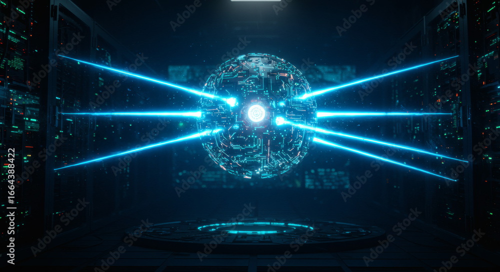 Aufkleber luminous ai core suspended by energy beams within a futuristic supercomputer server room, a concept 