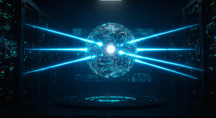 Luminous AI core suspended by energy beams within a futuristic supercomputer server room, a concept for innovation and data processing
