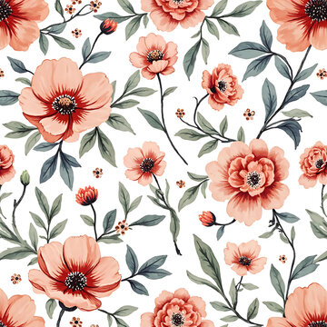 Fototapeta Delicate peach watercolor floral pattern with romantic spring blooms design wallpaper