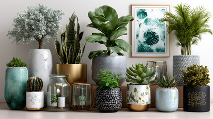 Fototapeta premium Plants in Flowerpots. Home Decor. A Collection of Various Houseplants. Hand-Drawn Vector Illustrations on White Background. Isolated and Ready for Use.