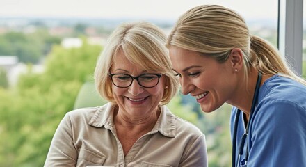 A senior woman and a medical professional happily review digital information together, both smiling while looking at a mobile phone screen. - Powered by Adobe