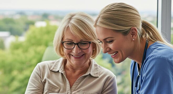 A senior woman and a medical professional happily review digital information together, both smiling while looking at a mobile phone screen.