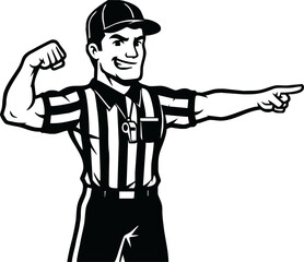 A strong cartoon referee mascot in a striped uniform flexing his bicep and pointing confidently.