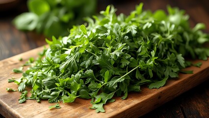 Fresh green herbs piled on a wooden cutting board, showcasing their vibrant color and texture, ideal for culinary use.