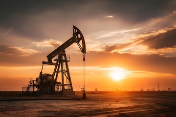 Oil pumpjack operates against backdrop of sunset