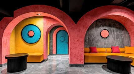 Vibrant Interior with Arched Alcoves and Colorful Accents