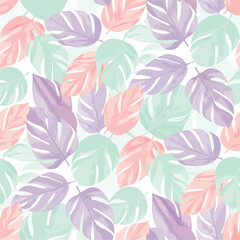 Seamless Pattern, Pastel Tropical Leaves Pattern featuring Mint Green Purple and Peach Hues Stock royalty free image.