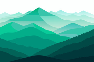 Abstract layered green mountains with misty atmosphere and white sky