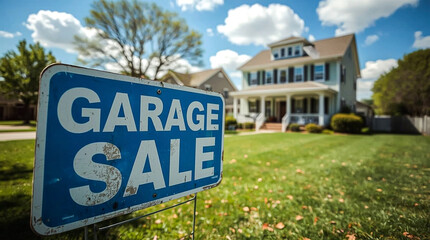 Classic american garage sale sign announces weekend deals in front of a picturesque suburban home with green grass and blue sky