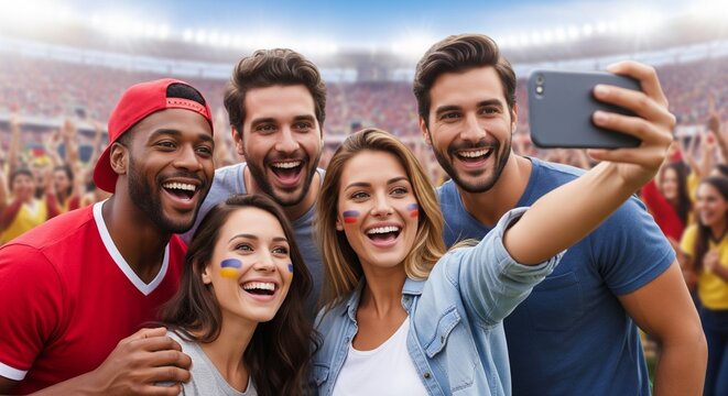 Diverse Friends Taking Enthusiastic Selfie at Vibrant Stadium with Cheering Crowd