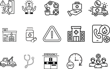 
Emergency Services Vector Icon Set | Adjustable Line Weight | Police, doctor, firefighter, ambulance, siren, megaphone, rescue, stretcher, badge, helicopter, first aid icons