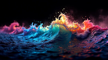 Vibrant ocean wave art with luminous colors against a dark backdrop landscape
