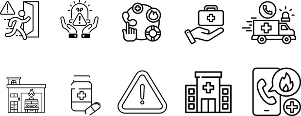 
Emergency Services Vector Icon Set | Adjustable Line Weight | Police, doctor, firefighter, ambulance, siren, megaphone, rescue, stretcher, badge, helicopter, first aid icons